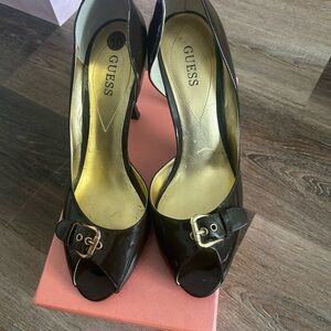 Guess Black Peep Toe Heels with Gold Buckle